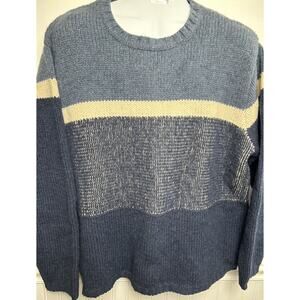 VINTAGE Lands End Sweater Mens XL Blue Stripe Chunky 100% Wool Crewneck Thick